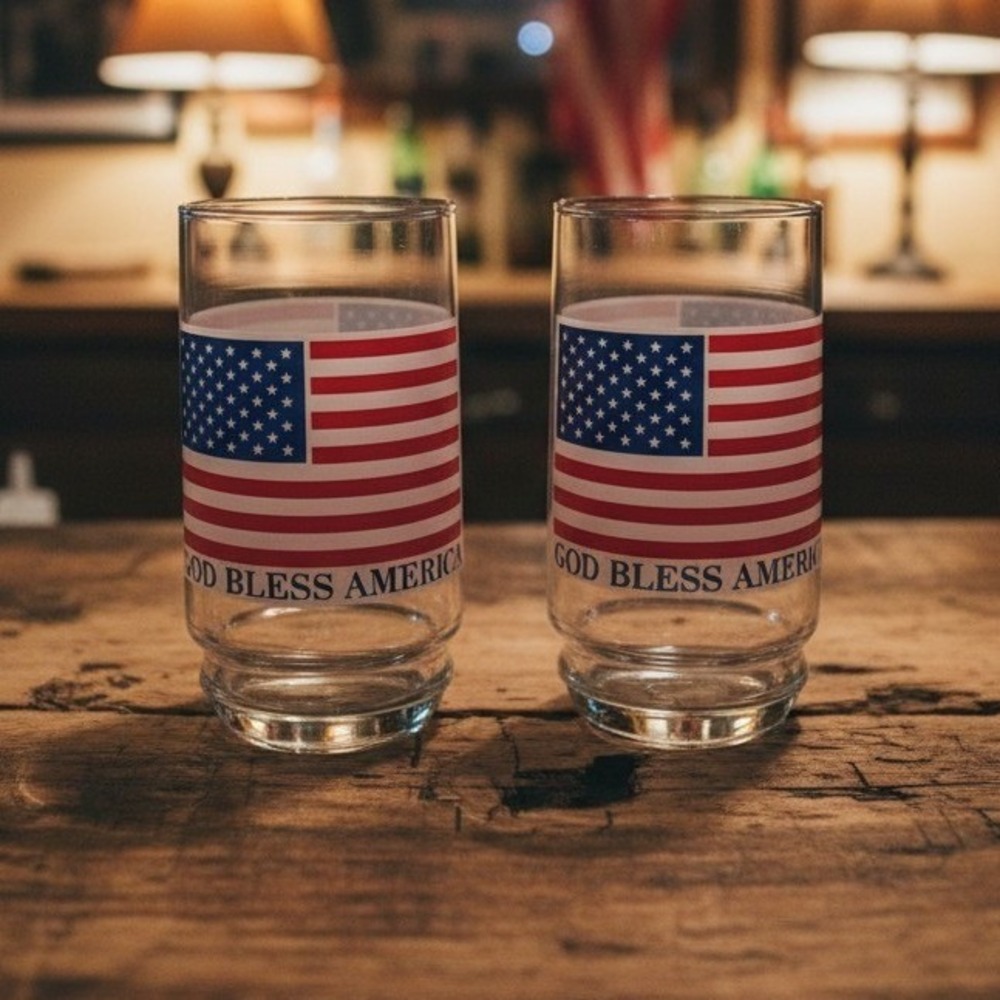 American Flag "God Bless America" Tumblers, Set of 2, Vintage Patriotic Glasses